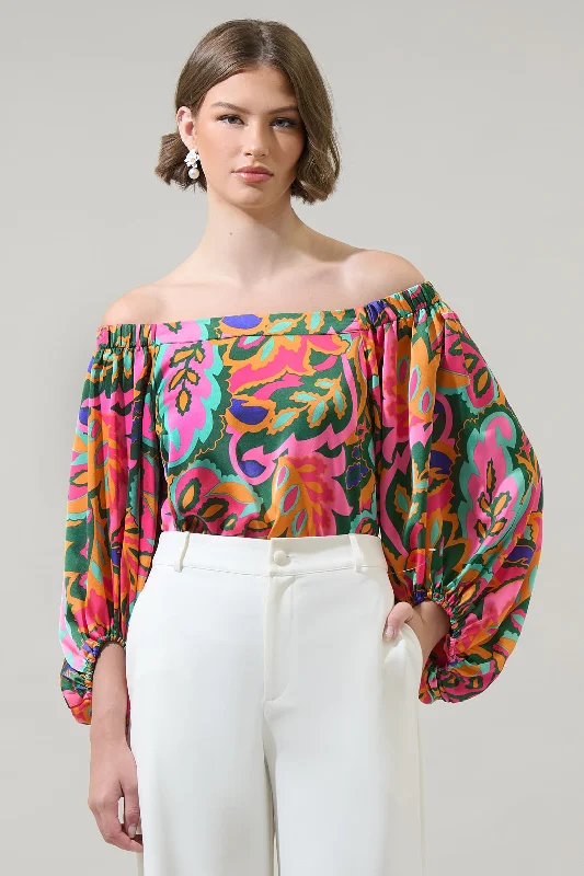 women's tops for those who want to add a pop of color to their outfitsLilia Tropical Floral Off the Shoulder Balloon Sleeve Top