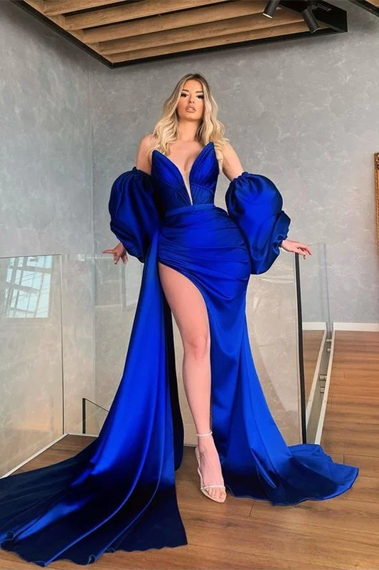 Leather DressStunning royal blue detachable sleeves long mermaid ball gown prom dress evening gown with slits gh2000