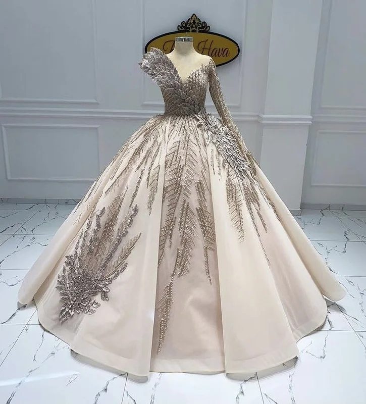 women's vintage dressesChampagne Gorgeous Elegant V-neck Applique Beaded Long Tulle Ball Gown Evening Dress gh3130