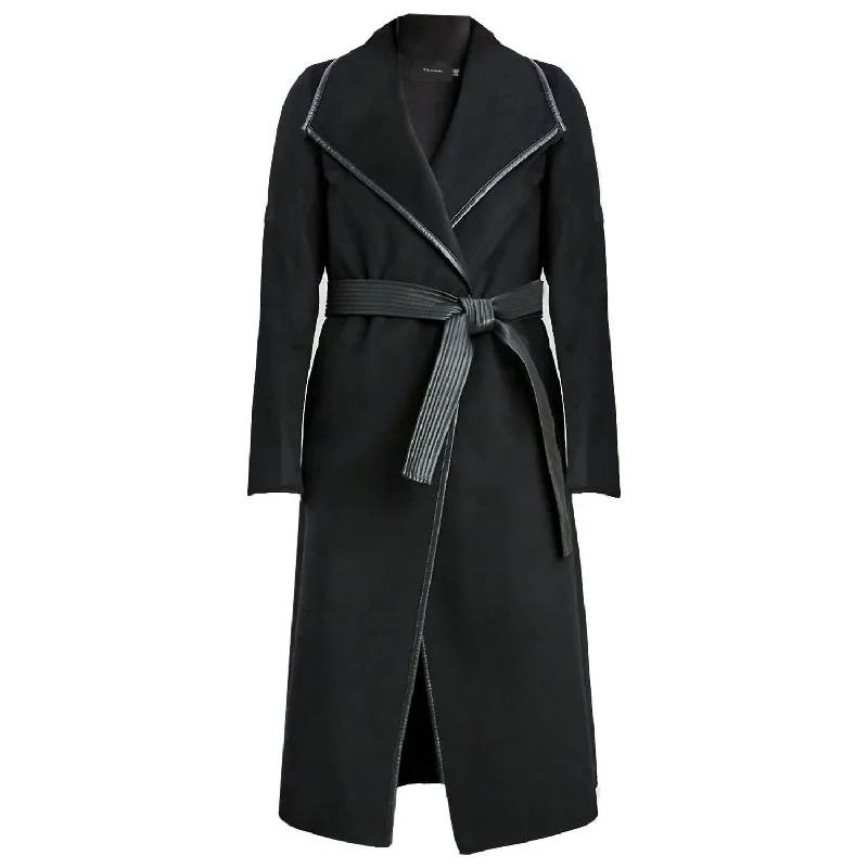 women's coats for city wearJuliette Double Face Faux Leather Trim Belted  Wool Coat Black