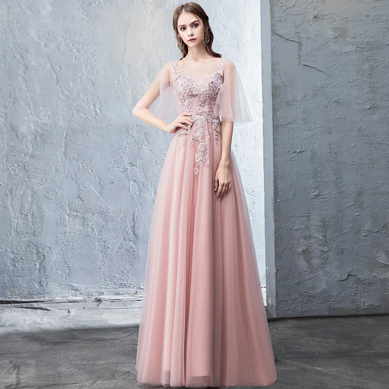 Retro DressPink tulle lace long prom dress evening dress  8255