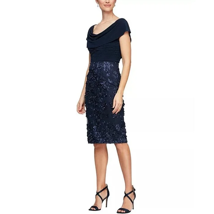 Chic DressAlex Evenings Women's 3D Flower Sheath Dress Navy Size 6 Petite - 6P