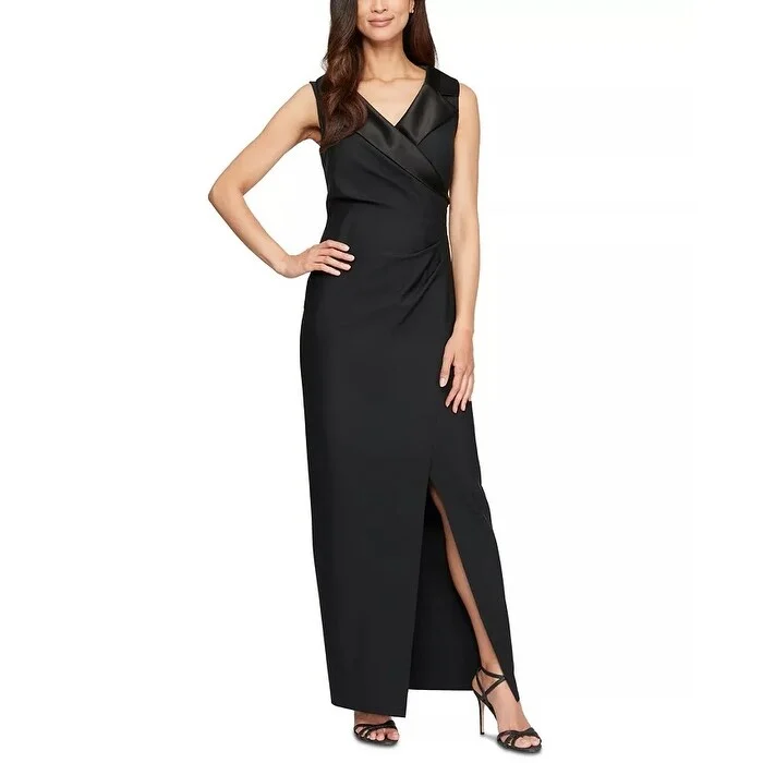 Jersey DressAlex Evenings Women's Notched Collar Jersey Gown Black Size 6 Petite - 6 Petite