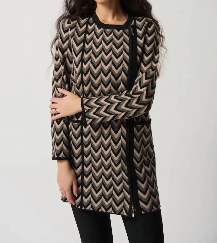 women's coats for maternity wearPrinted Jacquard Sweater Coat In Black/latte