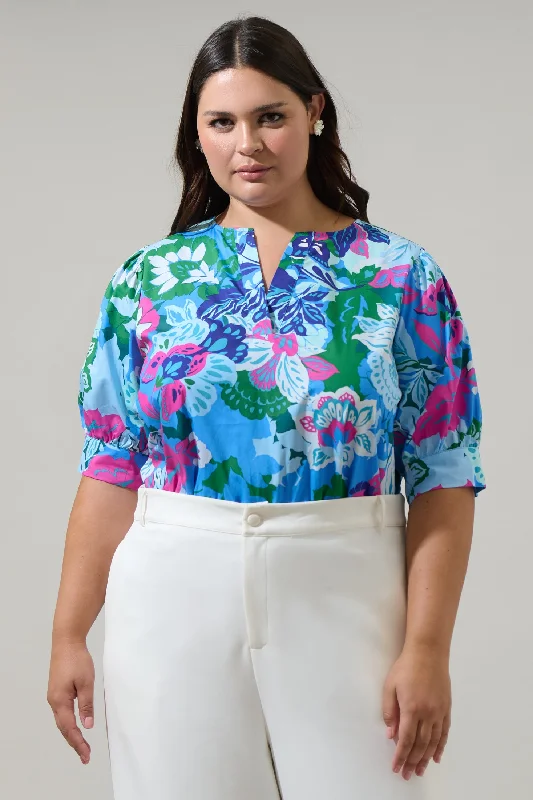 women's tops with built-in brasLavera Floral Waterlilly Balloon Sleeve Top Curve