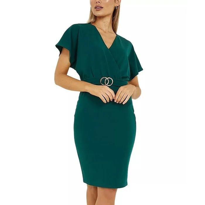 women's stretch dressesQUIZ Women's Belted Bodycon Dress Green Size 8