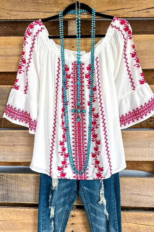 women's tops for those who love to dress up their casual looks with stylish topsVines Of Glory Top - Ivory Red