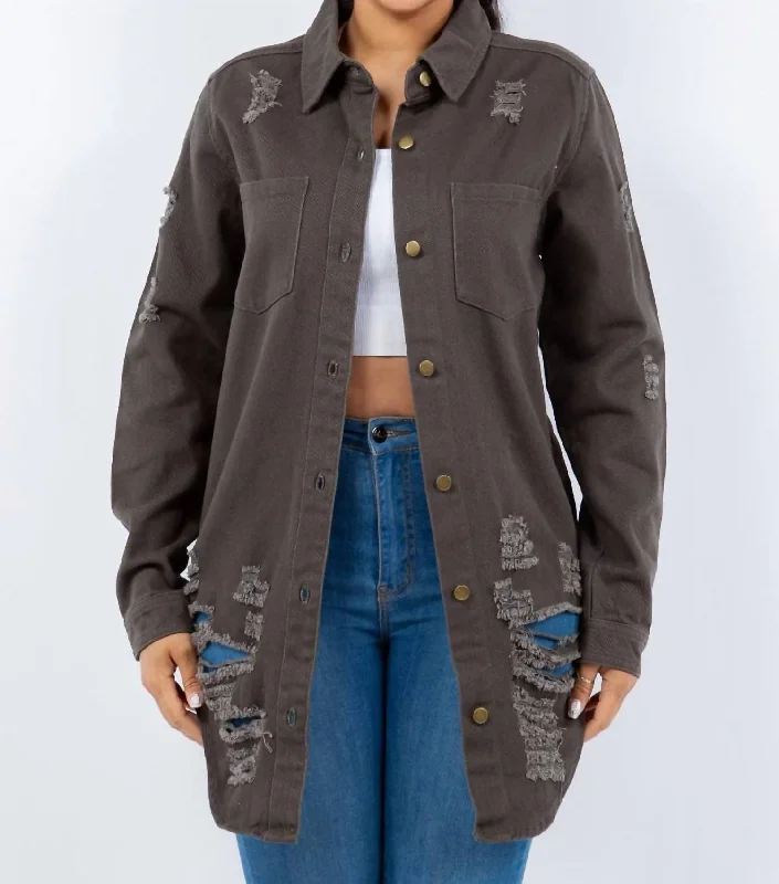 women's coats for everyday wear and tearDistressed Button Up Long Sleeve Denim Jacket In Gray