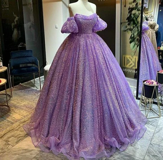 women's club dressesPurple shiny sequins heart-shaped neck long tulle ball gown evening dress adult ceremony dress gh3132