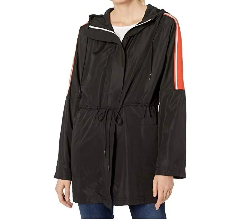 women's shearling coatsZip Front Hooded Anorak Jacket With Contrast Tape In Black