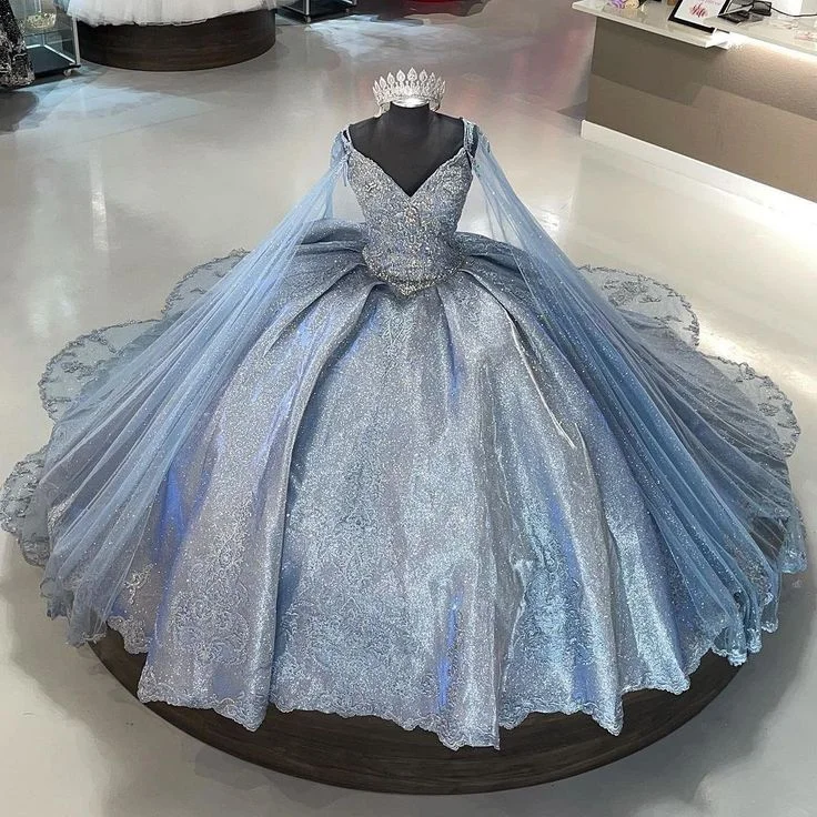 Pearl DressBlue gorgeous shiny sequins small V-neck long ball gown evening gown graduation gown gh3089