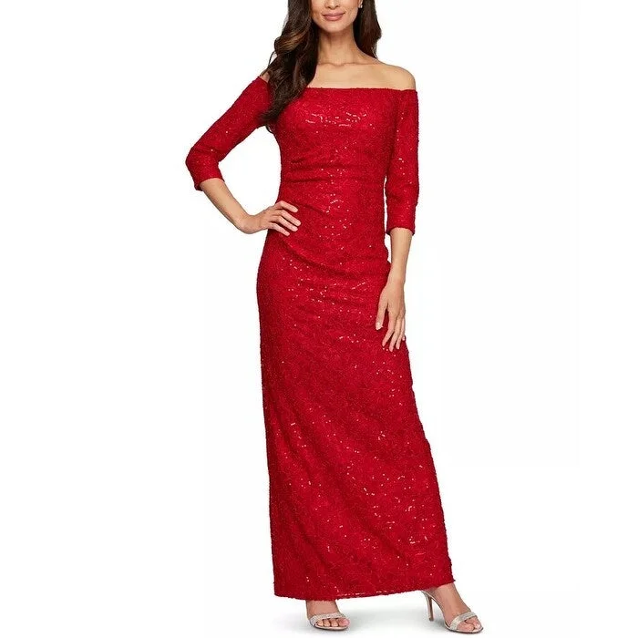 women's work dressesAlex Evenings Women's Off The Shoulder Glitter Lace Gown Red Size 6 P - 6P