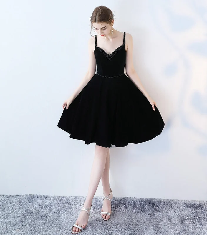 Casual Chic DressBlack v neck velvet short prom dress, black evening dress  7833