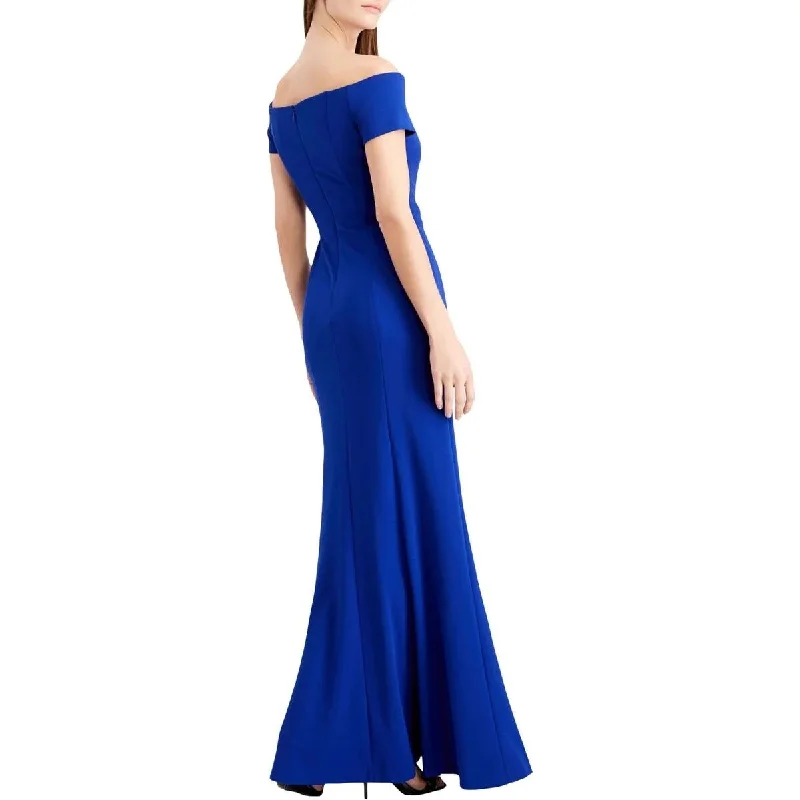 women's spaghetti strap dressesCalvin Klein Women's Zippered Solid Short Sleeve Off Shoulder Full-Length Fit Flare Evening Dress Blue Size 4