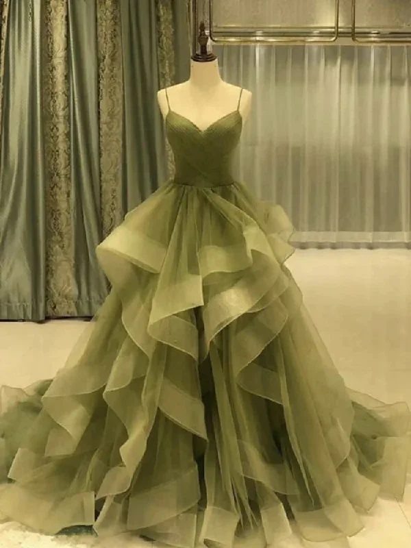 Tea-Length DressGreen/blue long shiny elegant spaghetti straps long ruffled organza ball gown evening dress quinceanera dress gh903