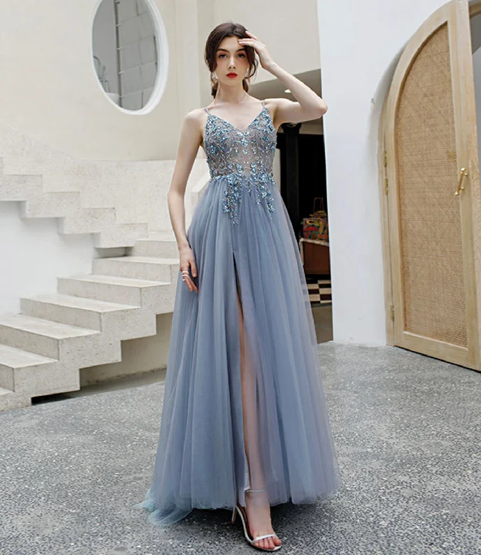 women's bridesmaid dressesGray tulle beads long prom dress A line evening dress  10579