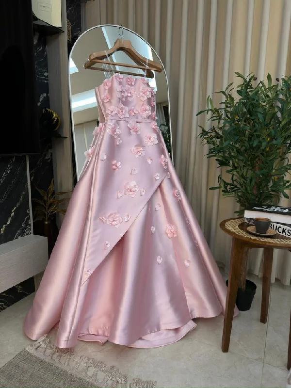 women's cinched-waist dressesPink Delicate Sweet Transparent Strap Applique Floral Long Satin Formal Prom Dress Evening Gown gh3146