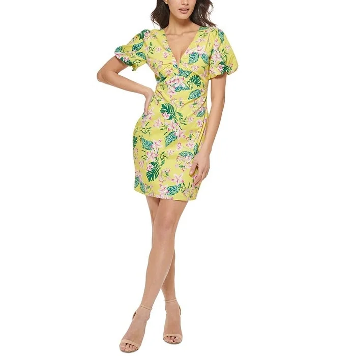 Crepe DressGuess Women's Printed Puff-Sleeve Bodycon Dress Yellow Size 2