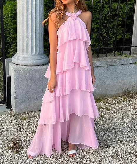 women's ruffle dressesWomen's Pink A-line Tiered Prom Dress,Pink Backless Evening Dress  gh2906