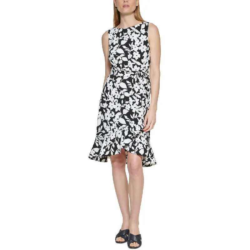 Tea-Length DressCalvin Klein Womens Petites Belted Midi Wear to Work Dress