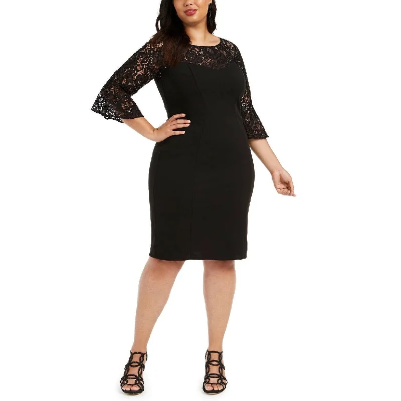 women's apple-shaped body dressesAlex Evenings Women's Plus Lace Top Sheath Dress Black Size Small - Petite Small