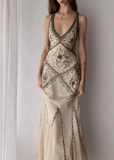 Asymmetric DressV neck beige exquisite elegant floral pattern long evening dress prom dress gh2941