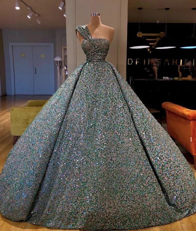 Pastel DressGreen gorgeous shiny sequins fashionable one shoulder strapless off shoulder long ball gown evening dress gh3091