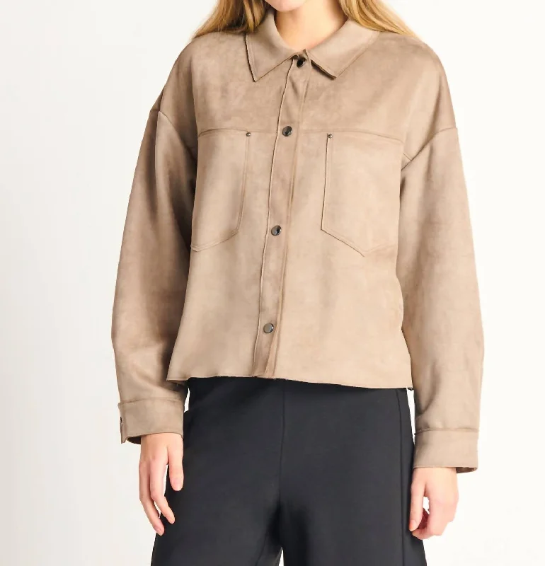 casual women's coatsFaux Suede Button Front Jacket In Taupe