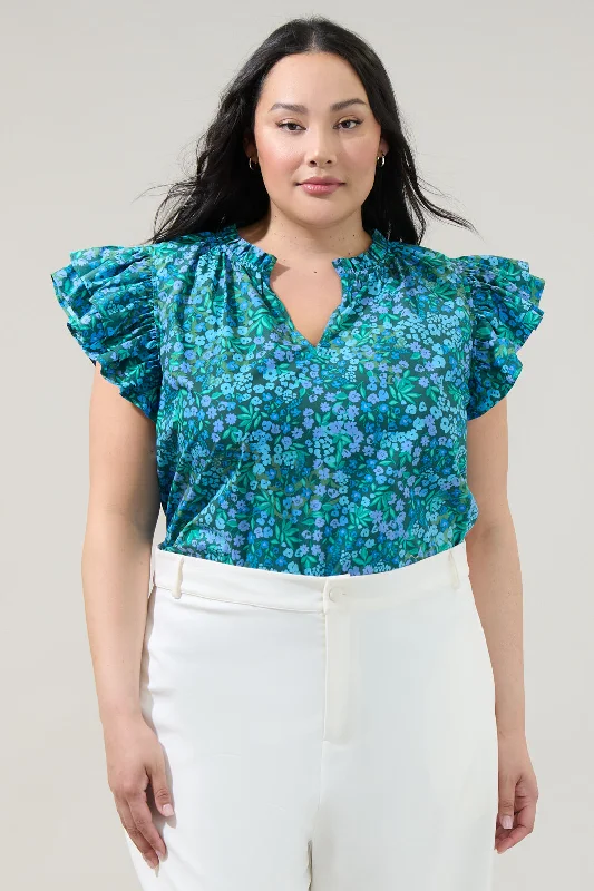 women's tops for those who love to shop for unique findsMidnight Floral Risette Ruffle Split Neck Top Curve