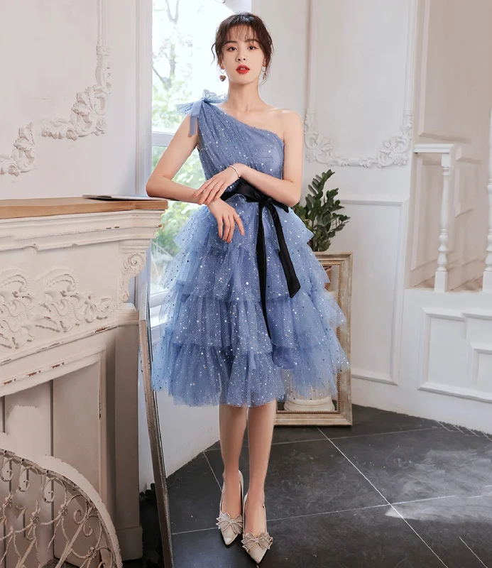 Laced-Up DressBlue tulle short prom dress one shoulder evening dress  8895