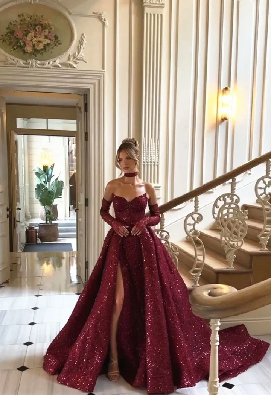 women's business casual dressesBurgundy shiny sexy Sequins elegant sweetheart neckline Long slit ball gown evening dress with gloves gh3134