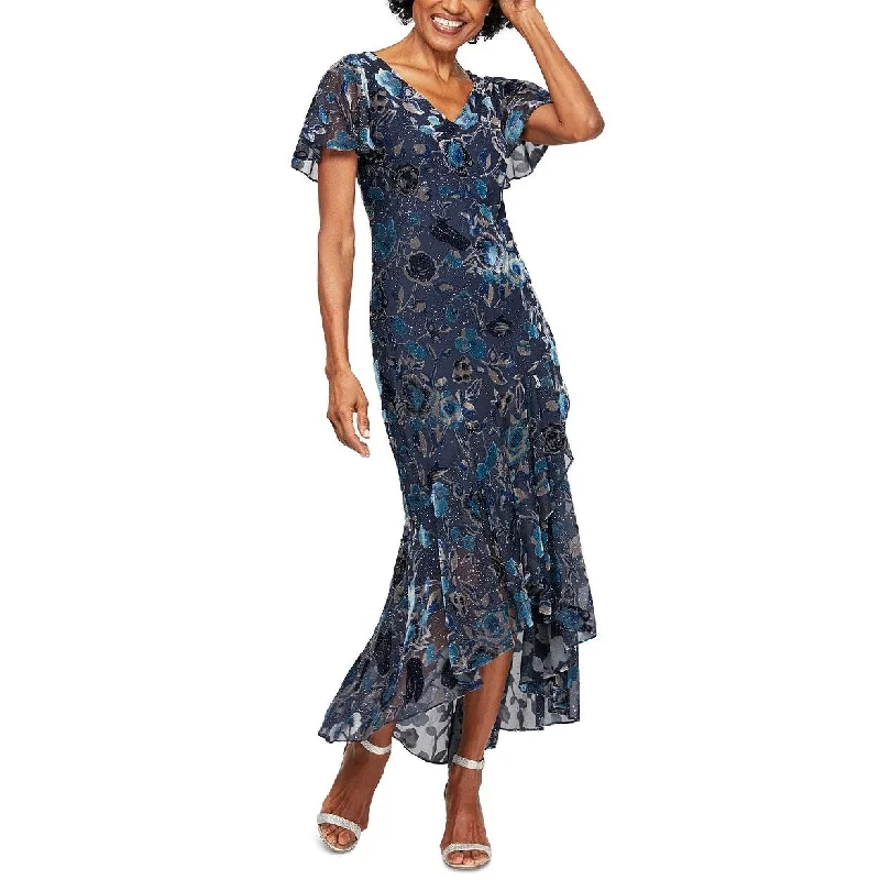 women's vacation dressesAlex Evenings Women's Printed Burnout-Velvet Dress Blue Size 16