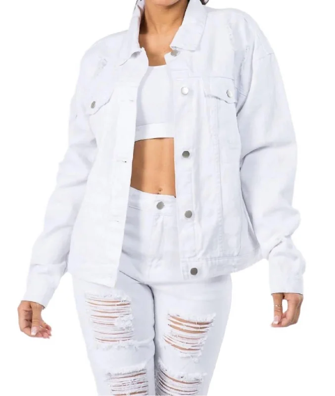 women's coats for everyday wear and tearGraphic Distressed Denim Jacket In White