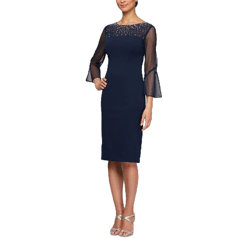 women's affordable dressesAlex Evenings Women's Illusion-Sleeve Dress Blue Size 8