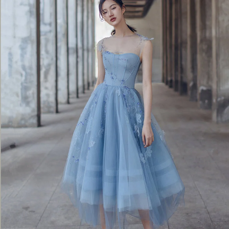 women's lightweight dressesCute blue tulle short prom dress evening dress  8182