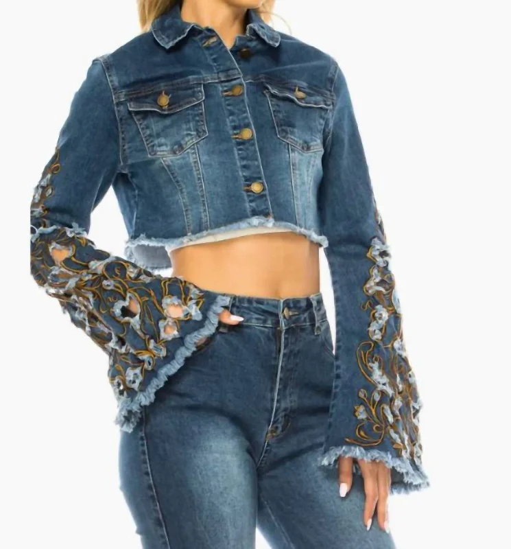 women's coats in bold colorsFloral Lace Jean Jacket In Denim