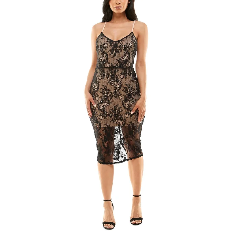 women's silk dressesBebe Womens Lace Overlay Mid Calf Midi Dress