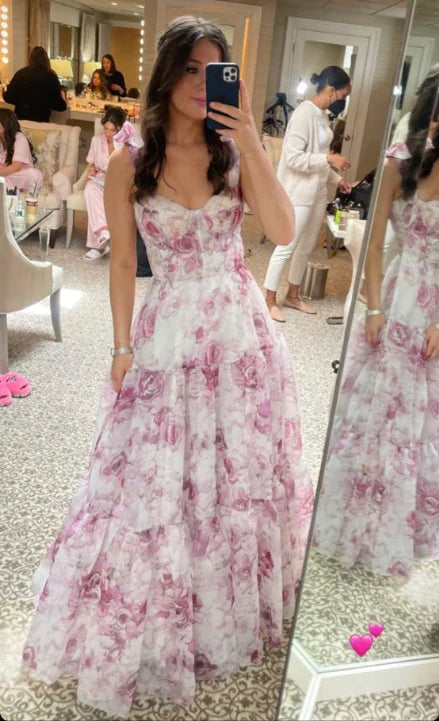 women's checkered dressesPink sweet A-line floral print chiffon long elegant ball gown evening dress gh2794