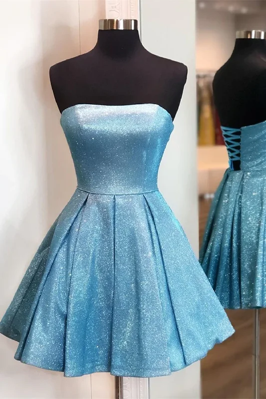 women's curve-hugging dressesShiny Strapless Blue Short Prom Dresses, Open Back Blue Homecoming Dresses, Blue Formal Evening Dresses gh864