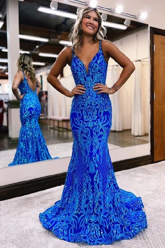 Sleeveless DressNavy blue sparkling prom dress v neck sheath evening gown gh2720