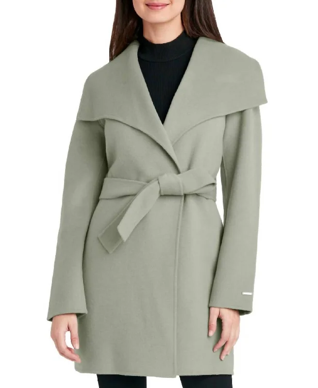 women's coats for countryside strollsWomen Tie Belt Wing Collar Wool Wrap Coat In Sage