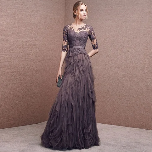 Leather DressGray purple elegant long sleeve lace long tulle ball gown evening dress 7648