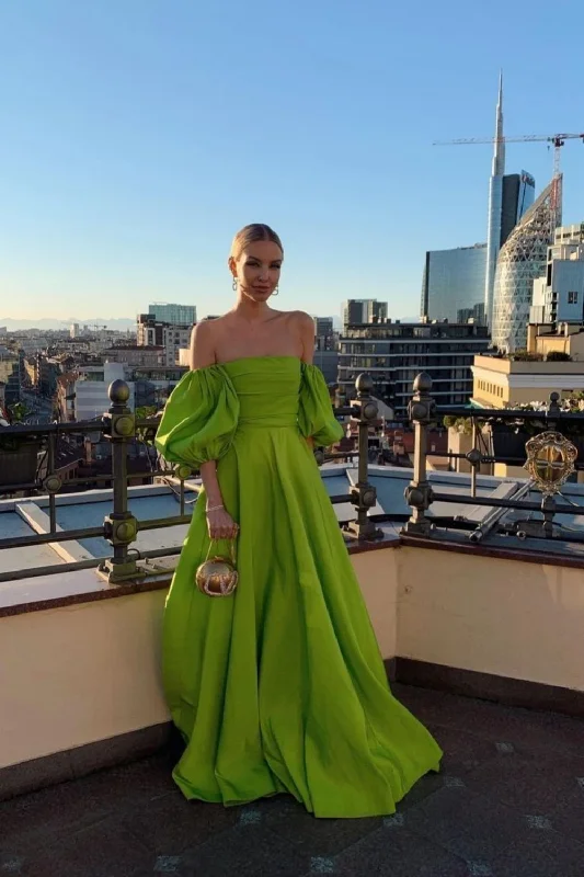 Evening DressGreen Strapless Puff Sleeve Long Satin Ball Gown Evening Dress gh3116