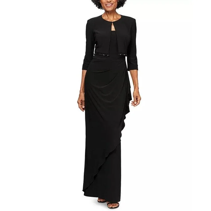 women's bell-sleeved dressesAlex Evenings Women's Ruched Gown With Bolero Black Size 8 Petite - 8P