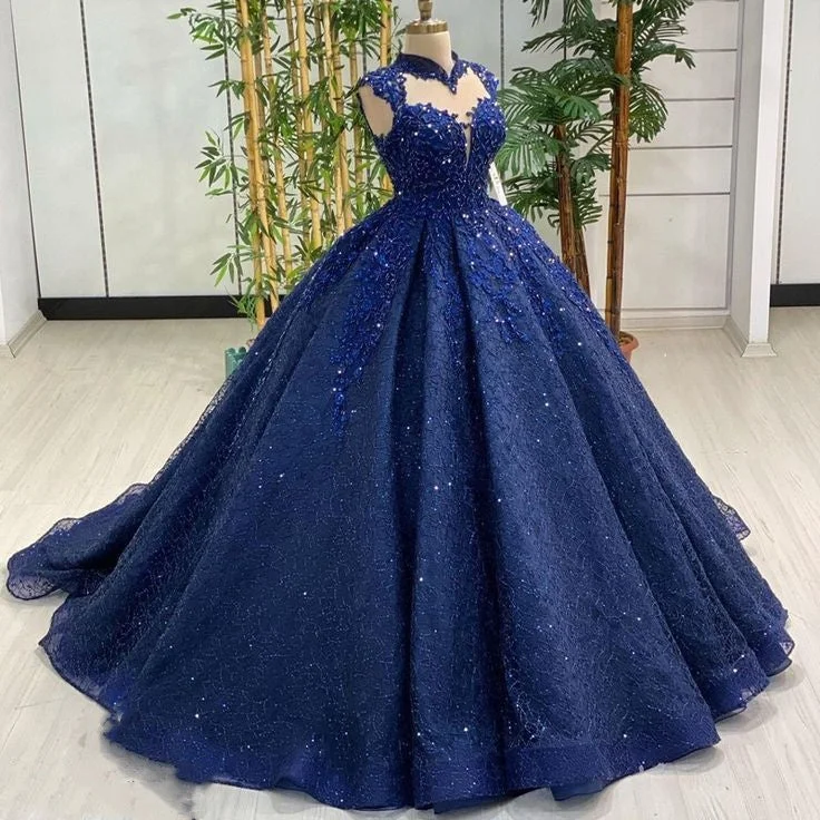 women's machine-washable dressesBlue shiny sequin applique beaded elegant long tulle prom dress evening dress graduation dress Quinceañera dress gh3126