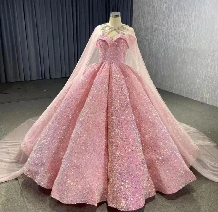 women's velvet dressesPink Gorgeous Shiny Tulle Rhinestone Cape Cape Long Sequined Ball Gown Evening Dress Coming of Age Dress gh3162