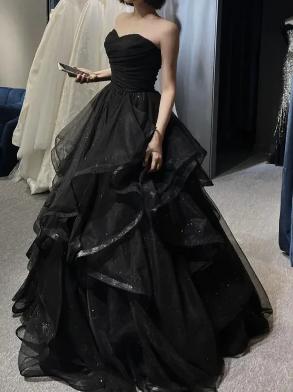 women's cold-shoulder dressesBlack Sweetheart Tulle Layers Ball Gown Formal Dresses, Black Evening Dress Prom Dress  gh2302