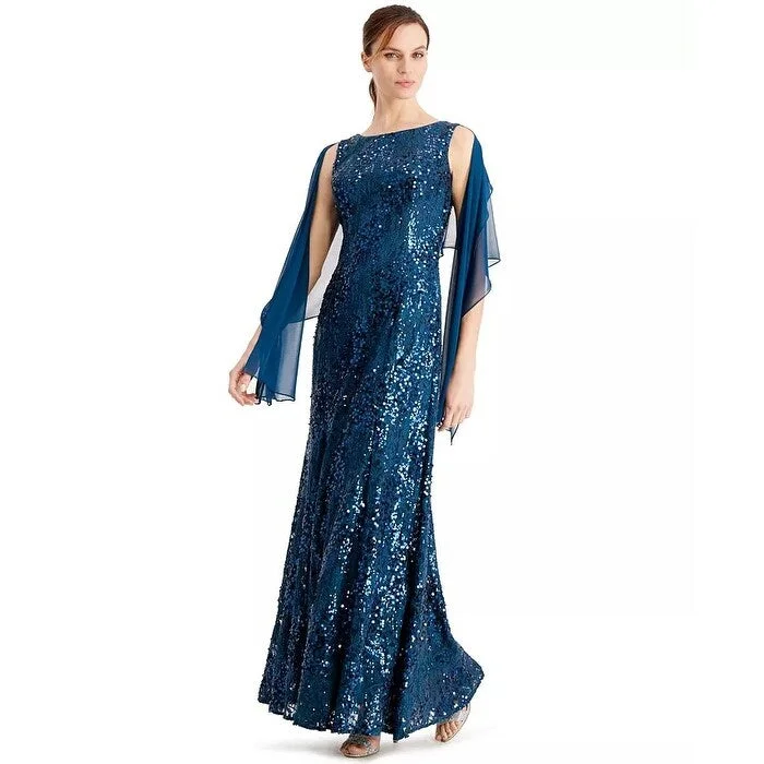 women's silk dressesAlex Evenings Women's Sequined Gown & Shawl Blue Size 16