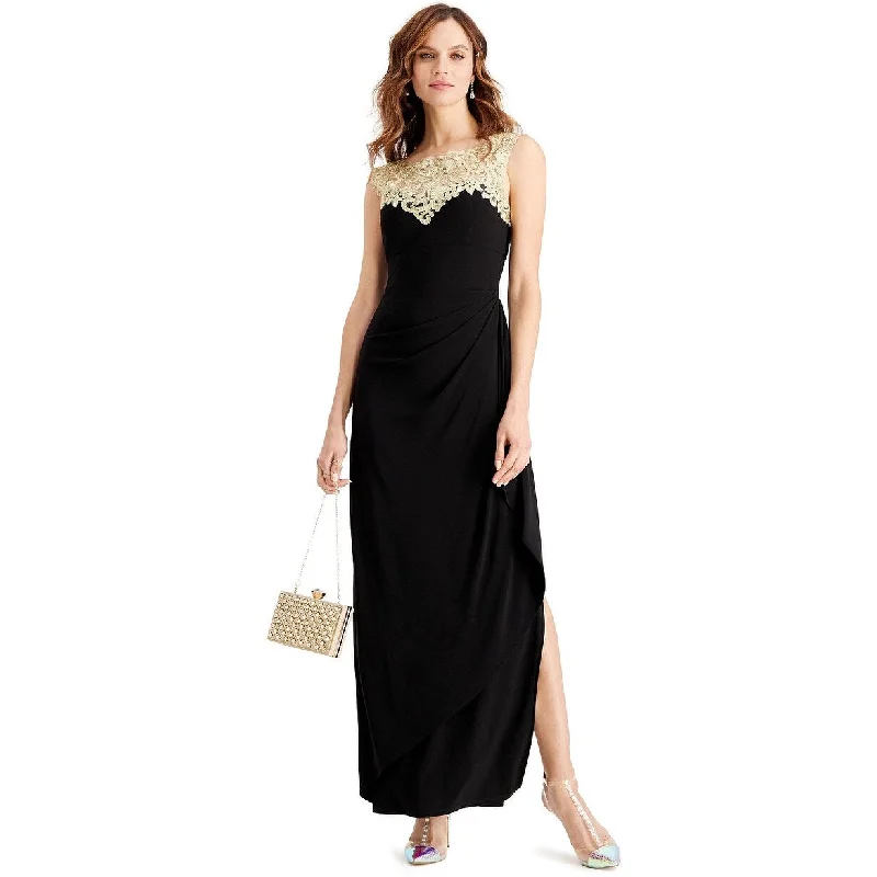 Spaghetti Strap DressAlex Evenings Women's Embroidered Side Ruched Gown Black Size 10