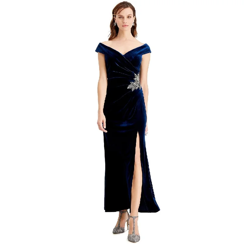 women's body-skimming dressesAlex Evenings Women's Embellished Off-The-Shoulder Velvet Dress Blue Size 12